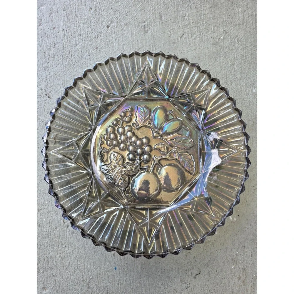 Vintage Carnival Glass Bowl Iridescent Fruit Harvest Grapes Pears 10.5 Inch‎ E3